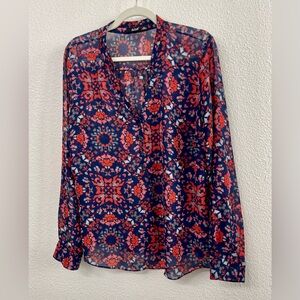 Floral Print Sheer Blouse - Red and Blue Sixe XL
